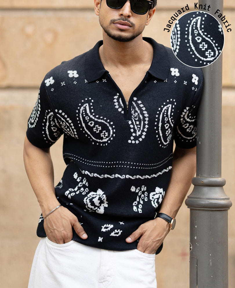 Navy Paisley Jacquard Knit T-Shirt 100% Cotton