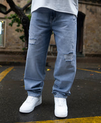 Mid Blue Baggy Ripped Jeans