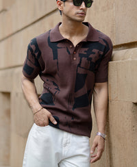 Dark Brown Jacquard Knit T-Shirt 100% Cotton