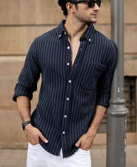 Grey Knit Structured Stripe Shirt