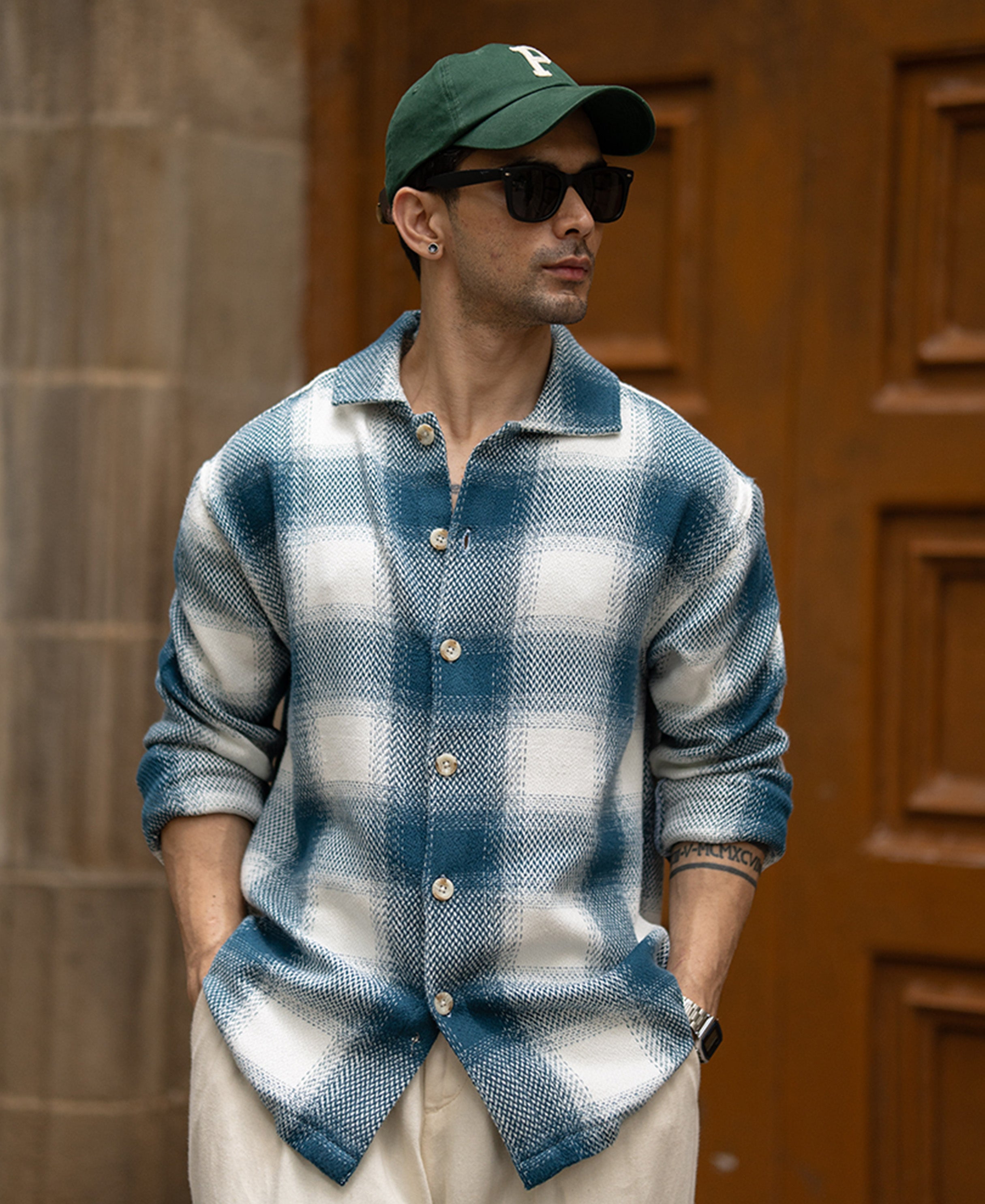 Teal Blue Structured Checks Shirt for Men - Image 1