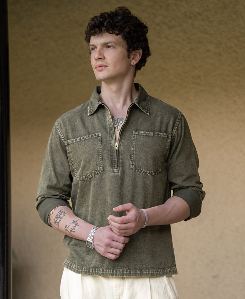 Men's Dark Olive Washed Zipper Shirt