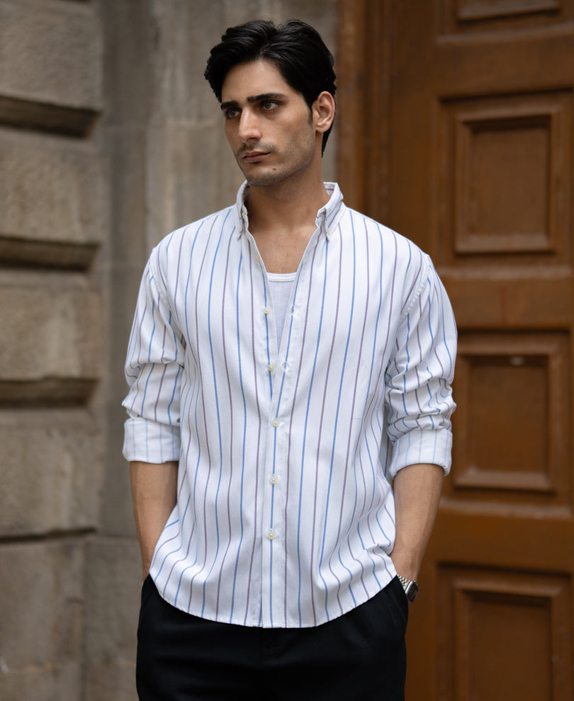 Powerlook White Oxford Stripe Buttondown Shirt for Men - Image 1