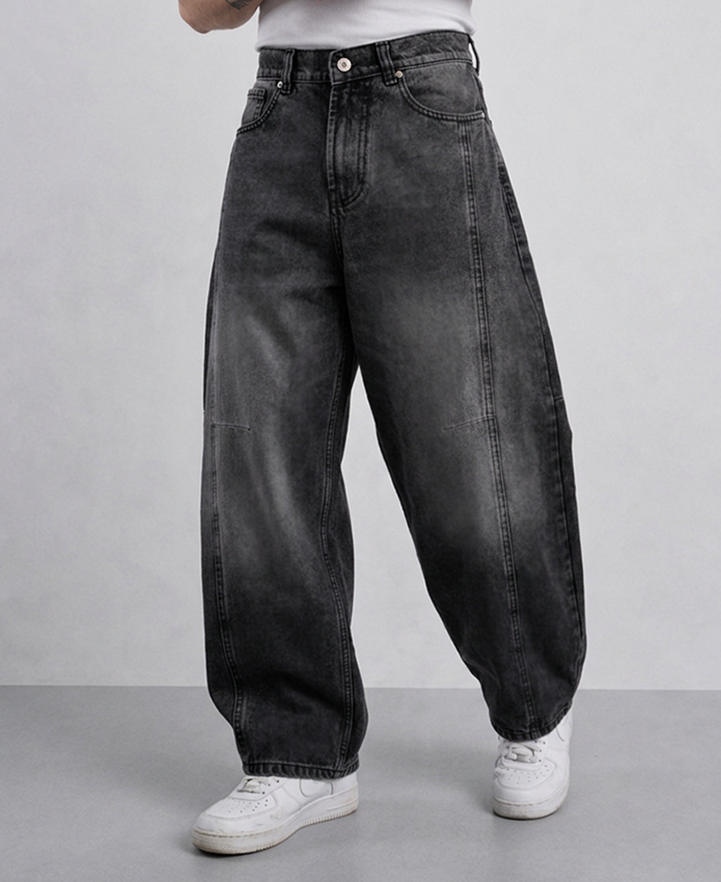 POWERLOOK Charcoal Panelled Barrel Jeans for Men - Image 1