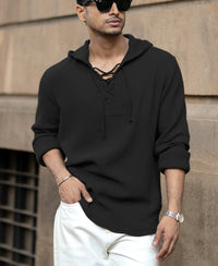Black Crinkled Hooded Shirt 100% Cotton