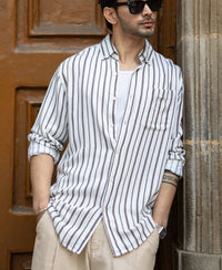 White Linen Blend Stripe Shirt