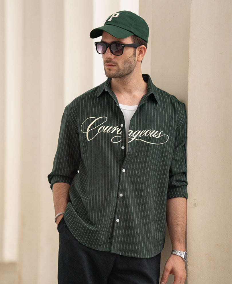Green Calligraphy Print Stripe Shirt for Men
