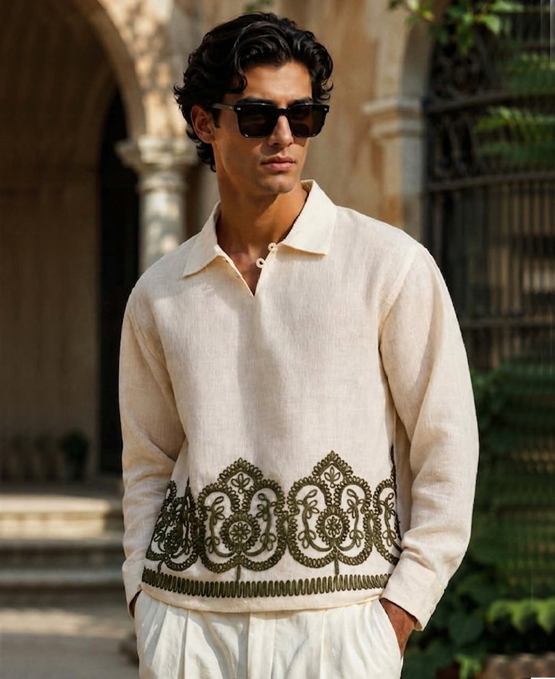 POWERLOOK Cream Embroidered Kurta Shirt for Men