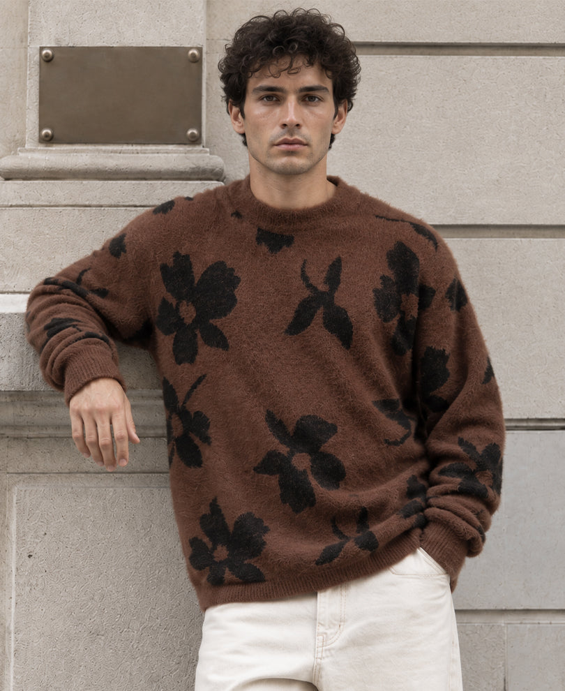 Brown Floral Fuzzy Sweater by Brown - Image 1