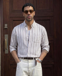White Linen Blend Stripe Shirt