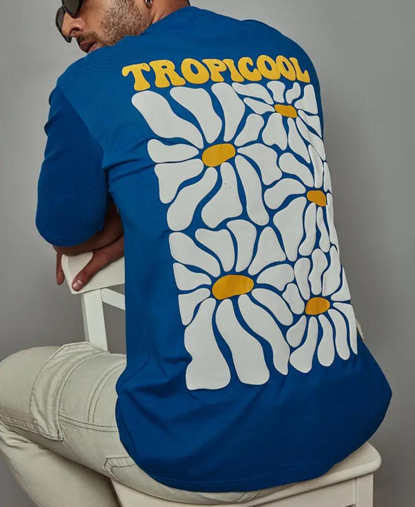 Blue Tropicool Print Oversized Half Sleeves T Shirt