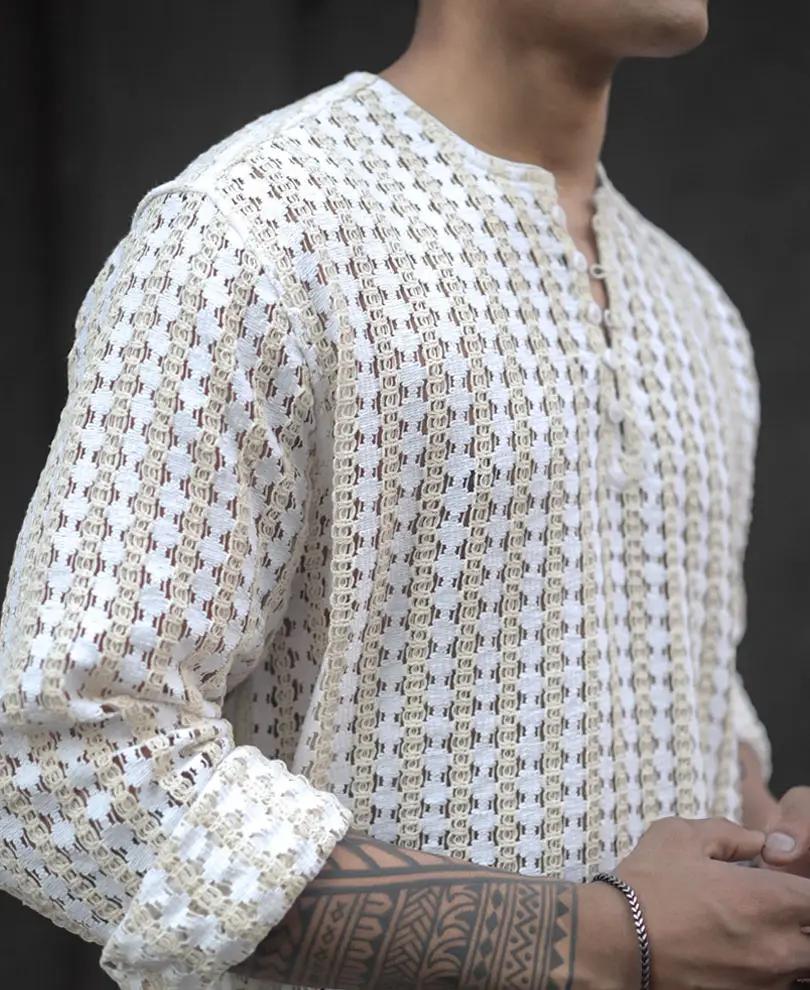 Off White and Cream Crochet Kurta Style Shirt