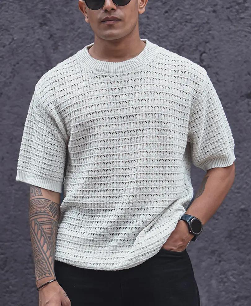 Off White Crochet Knit Oversized Half Sleeves T Shirt