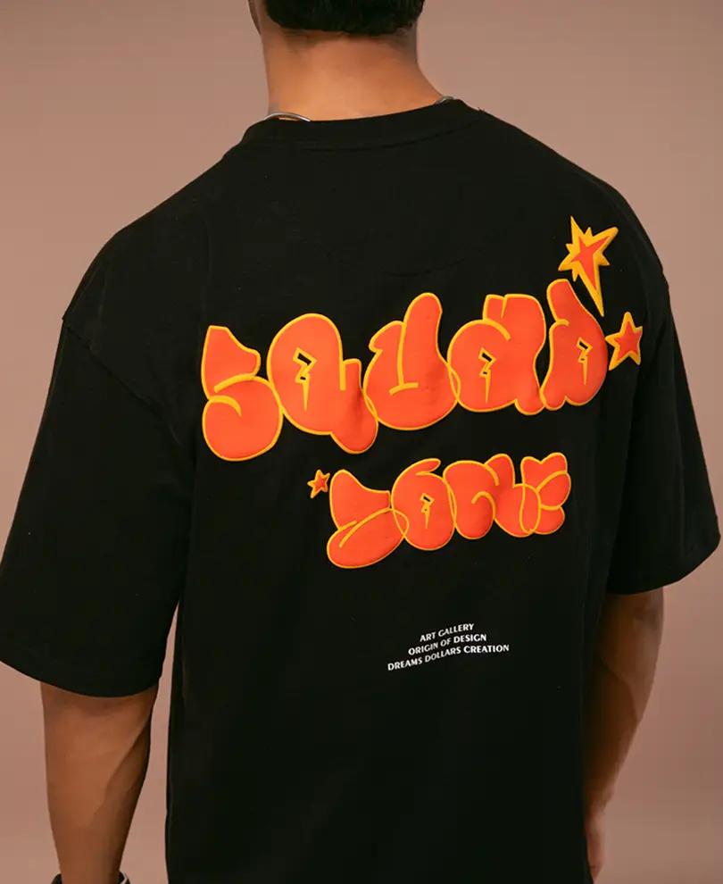 Black Squad Printed Oversized Half Sleeves T Shirt