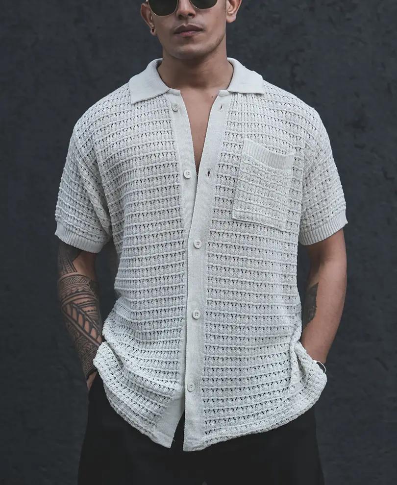Off White Structured Knitted Half Sleeves Shirt