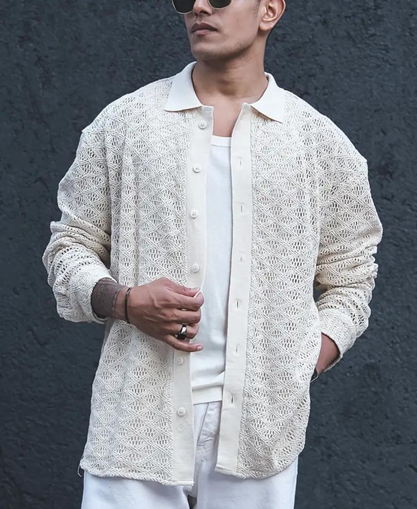 Cream Crochet Knit Oversized Full Sleeves Shirt