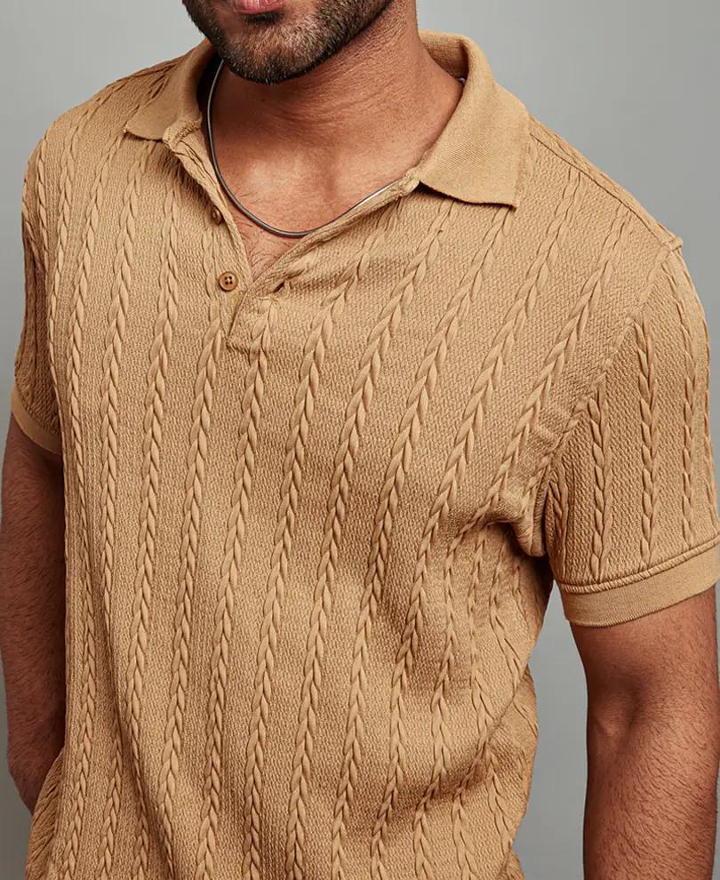 Camel Structured Polo Neck Half Sleeves T Shirt