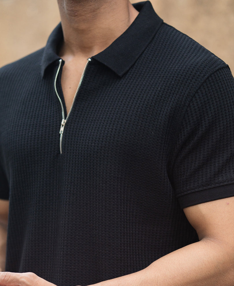 Black Structured Half Sleeves Zipper T Shirt.