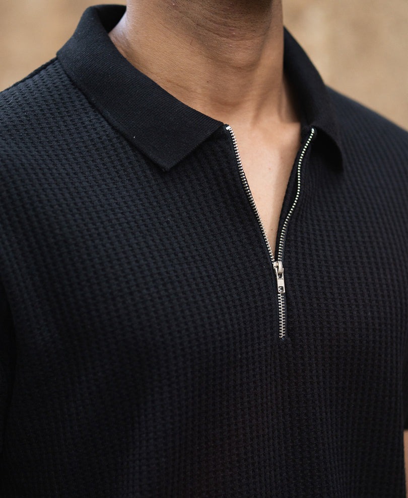 Black Structured Half Sleeves Zipper T Shirt.