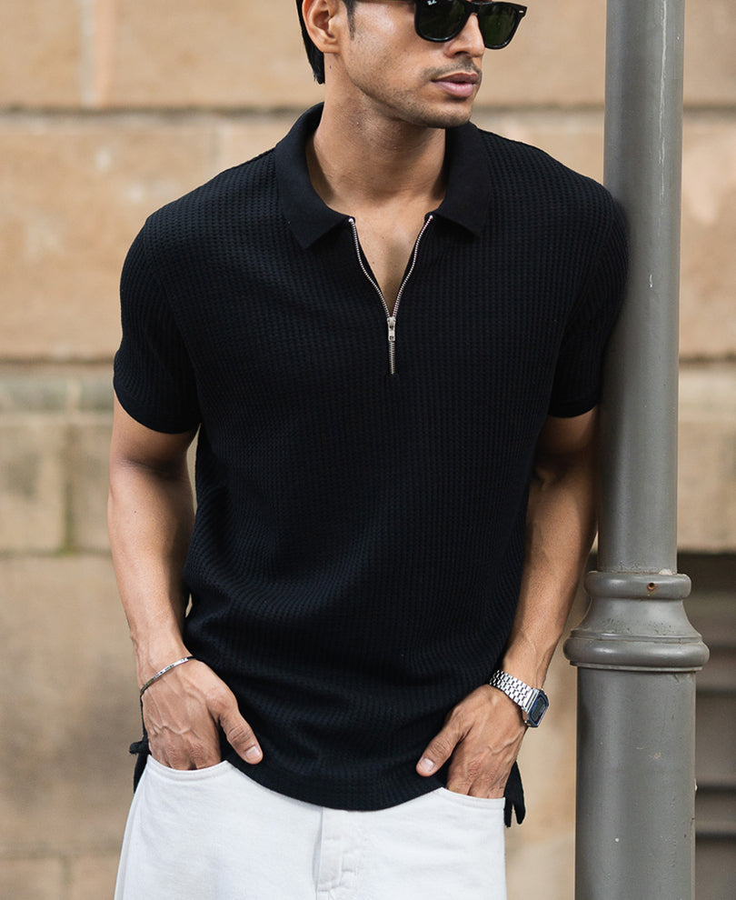 Black Structured Half Sleeves Zipper T Shirt.