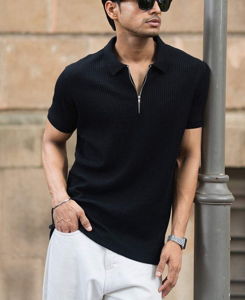 Black Structured Half Sleeves Zipper T Shirt.