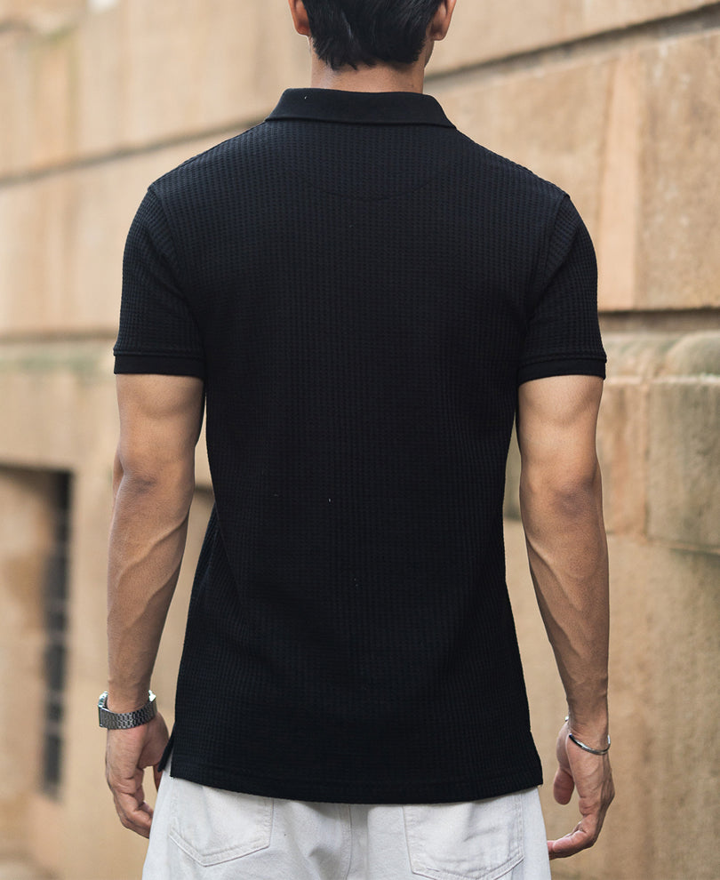 Black Structured Half Sleeves Zipper T Shirt.