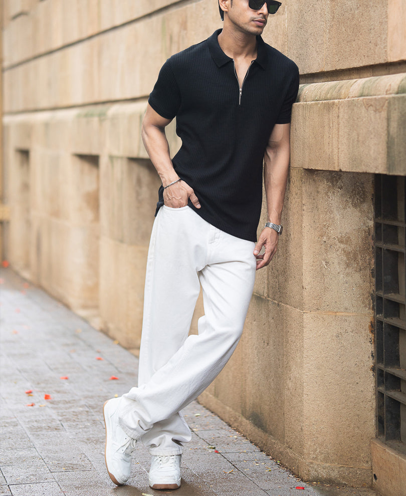 Black Structured Half Sleeves Zipper T Shirt.