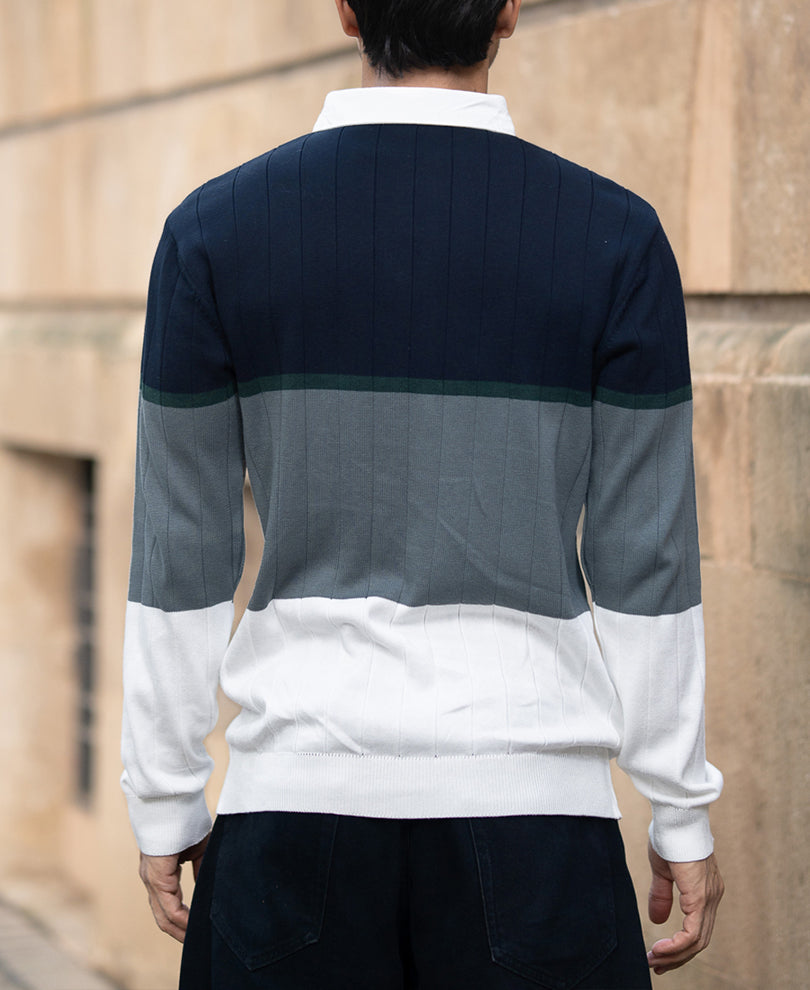 Navy Blue Panel Polo Collar T-Shirt.