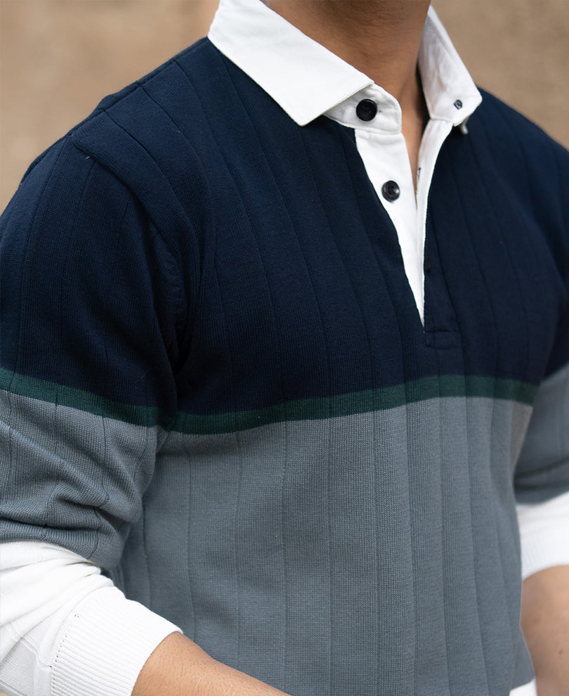 Navy Blue Panel Polo Collar T-Shirt.