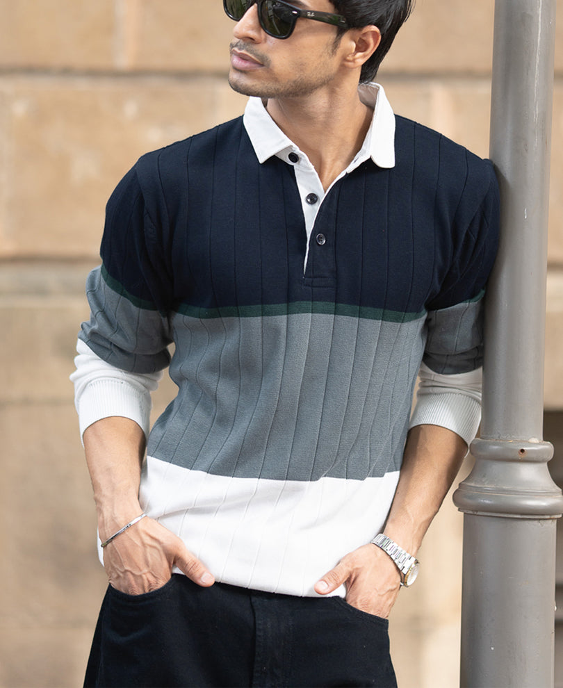 Navy Blue Panel Polo Collar T-Shirt.