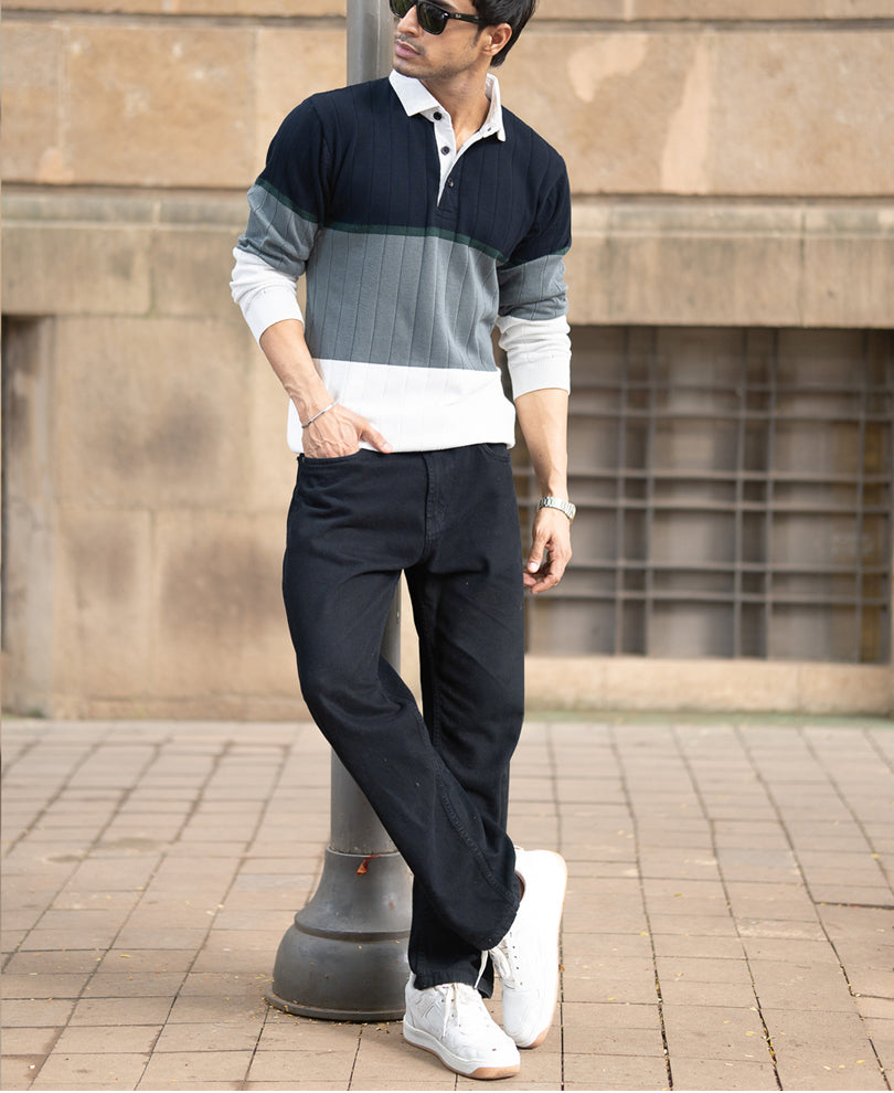 Navy Blue Panel Polo Collar T-Shirt.