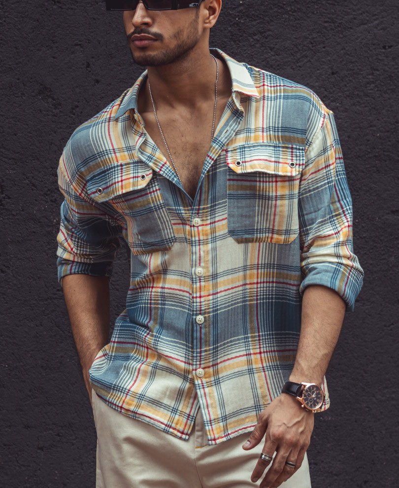 Multi Color Plaid Checks Oversize Drop Shoulder Shirt.