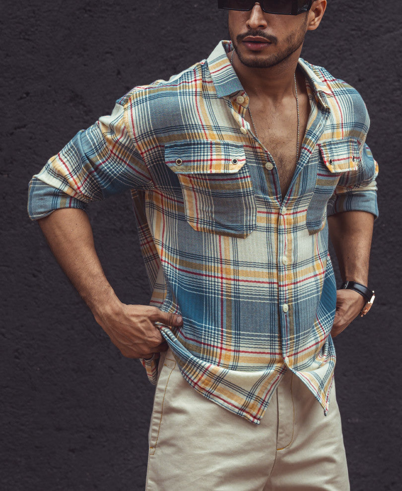 Multi Color Plaid Checks Oversize Drop Shoulder Shirt.