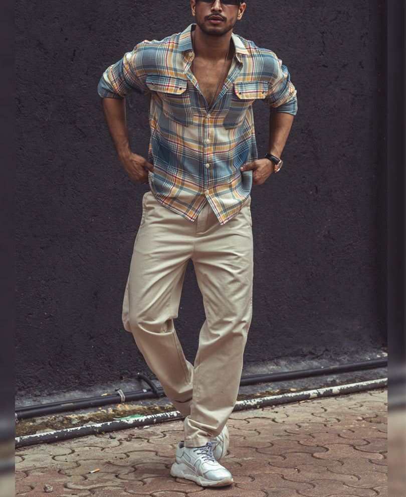 Multi Color Plaid Checks Oversize Drop Shoulder Shirt.