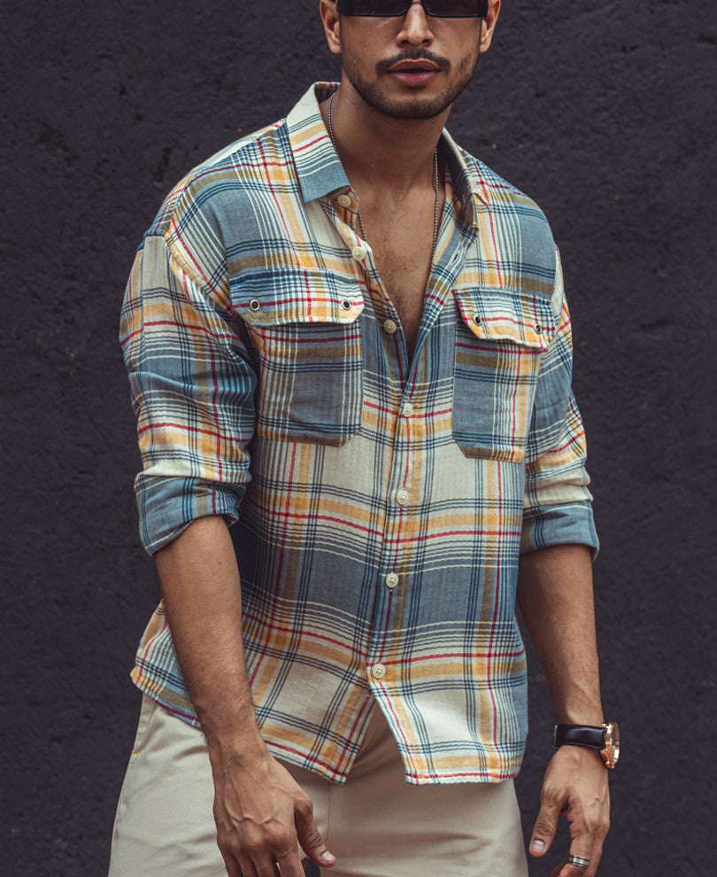 Multi Color Plaid Checks Oversize Drop Shoulder Shirt.