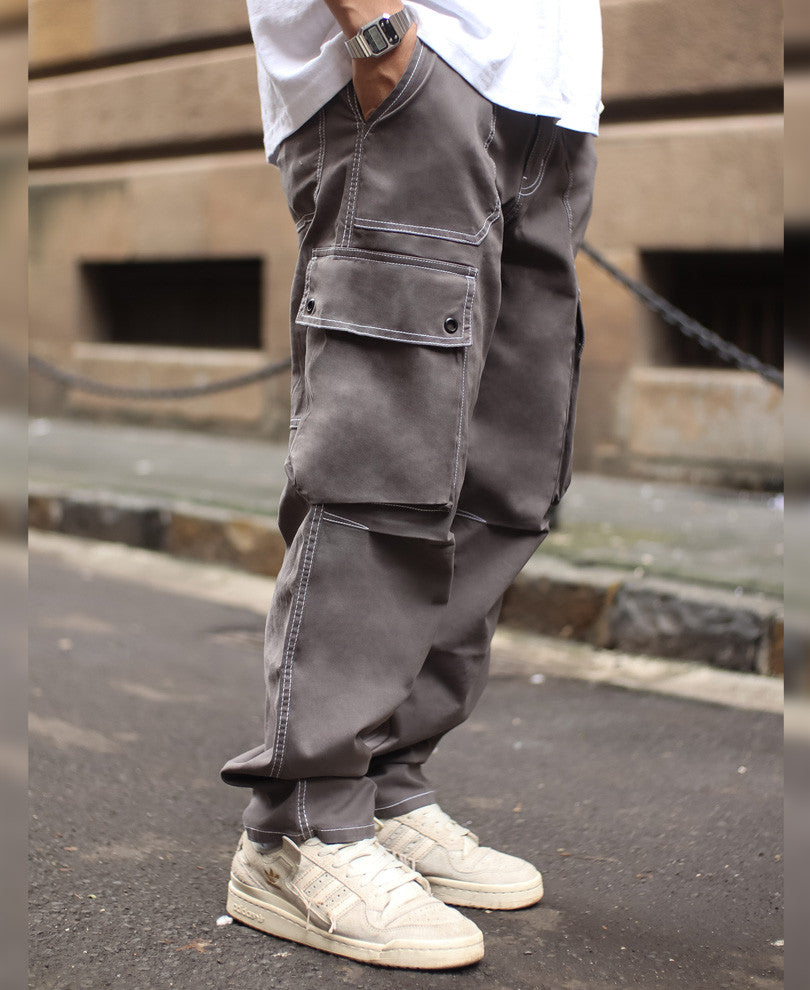 Dark Grey Cargo Pocket Carpenter Cotton Baggy Fit Jeans.