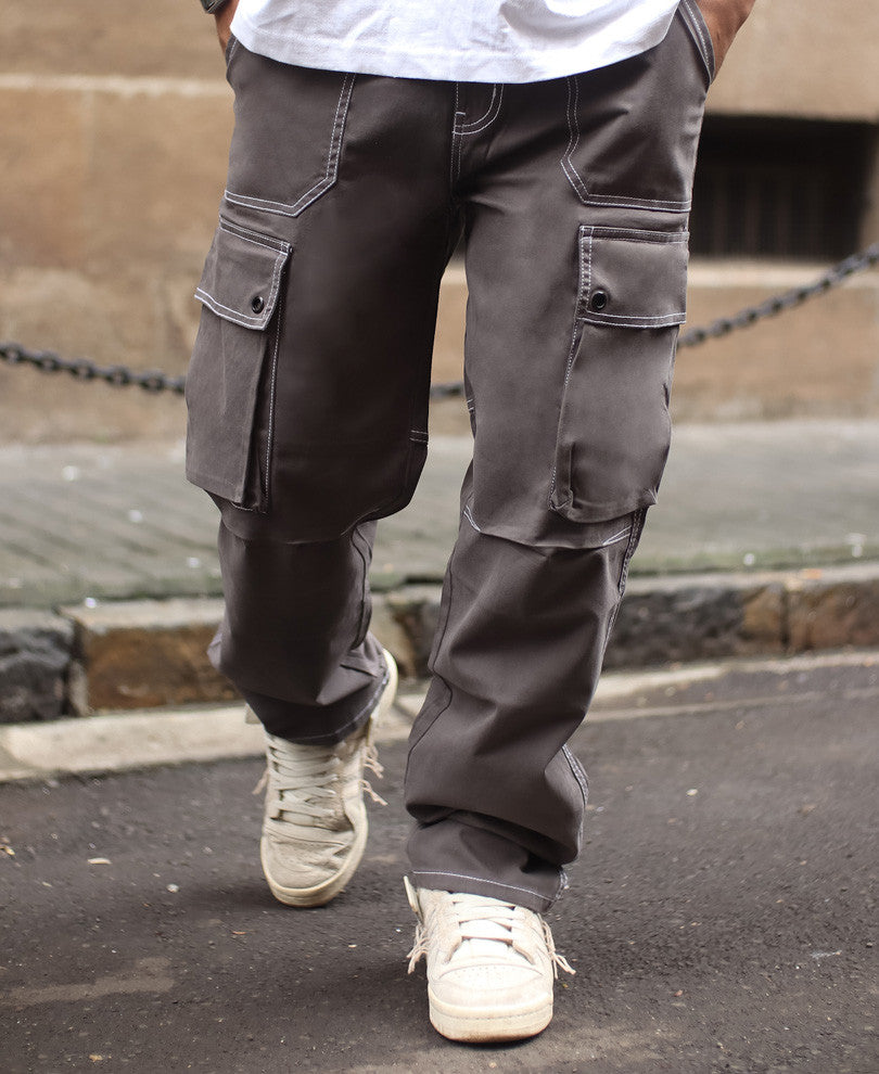 Dark Grey Cargo Pocket Carpenter Cotton Baggy Fit Jeans.