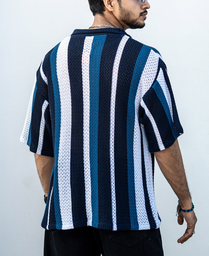 Multicolor Crochet Knit Striped Oversize Drop Shoulder Shirt.
