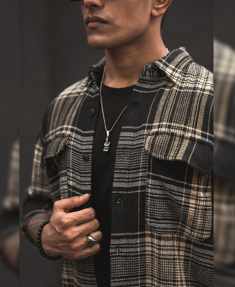 Black Structured Checks Shacket Oversized Shirt.