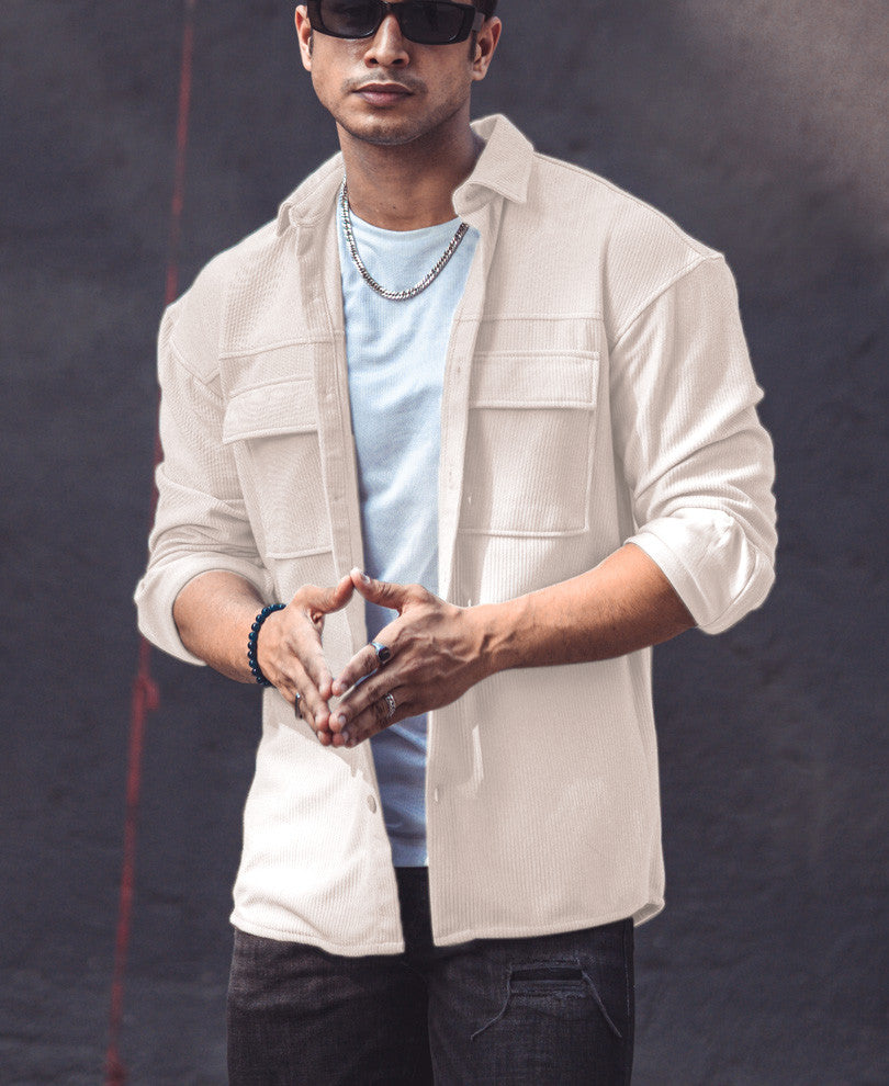 Cream Chest Pocket Shacket Oversize Drop Shoulder Shirt.