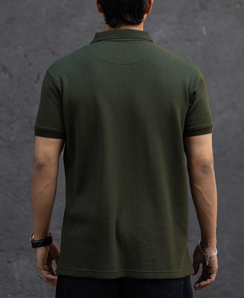 Dark Green Structured Half Sleeves Zipper T Shirt.