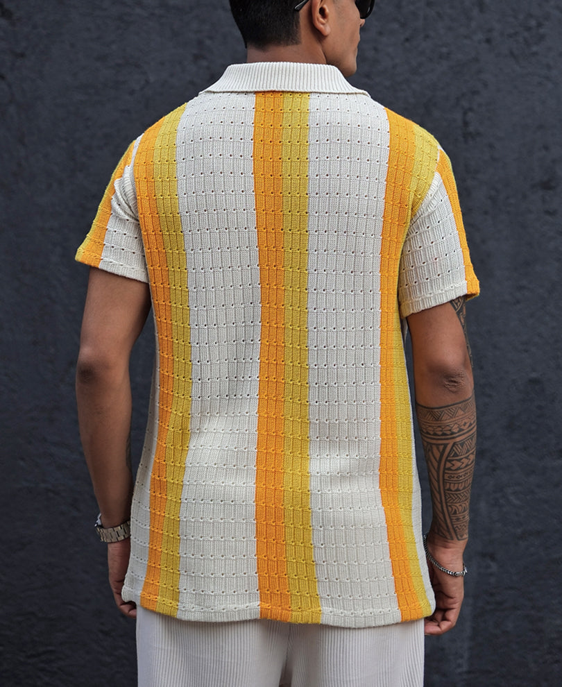 White and Yellow Crochet Striped Half Sleeves T Shirt.