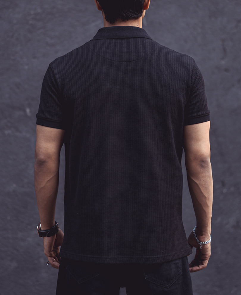 Black Structured Half Sleeves Zipper T Shirt.
