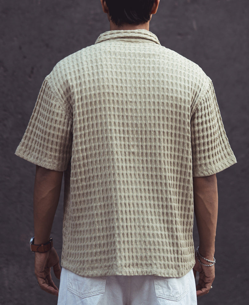 Pista Green Structured Waffle Oversized Half Sleeves Shirt.