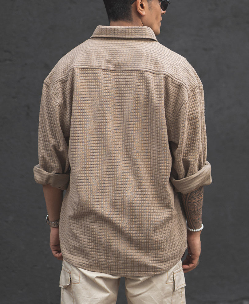 Camel Structured Double Pockets Shacket Oversized Shirt.