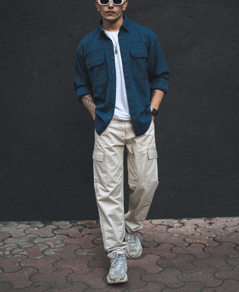 Teal Blue Structured Knit Shacket Oversized Shirt.