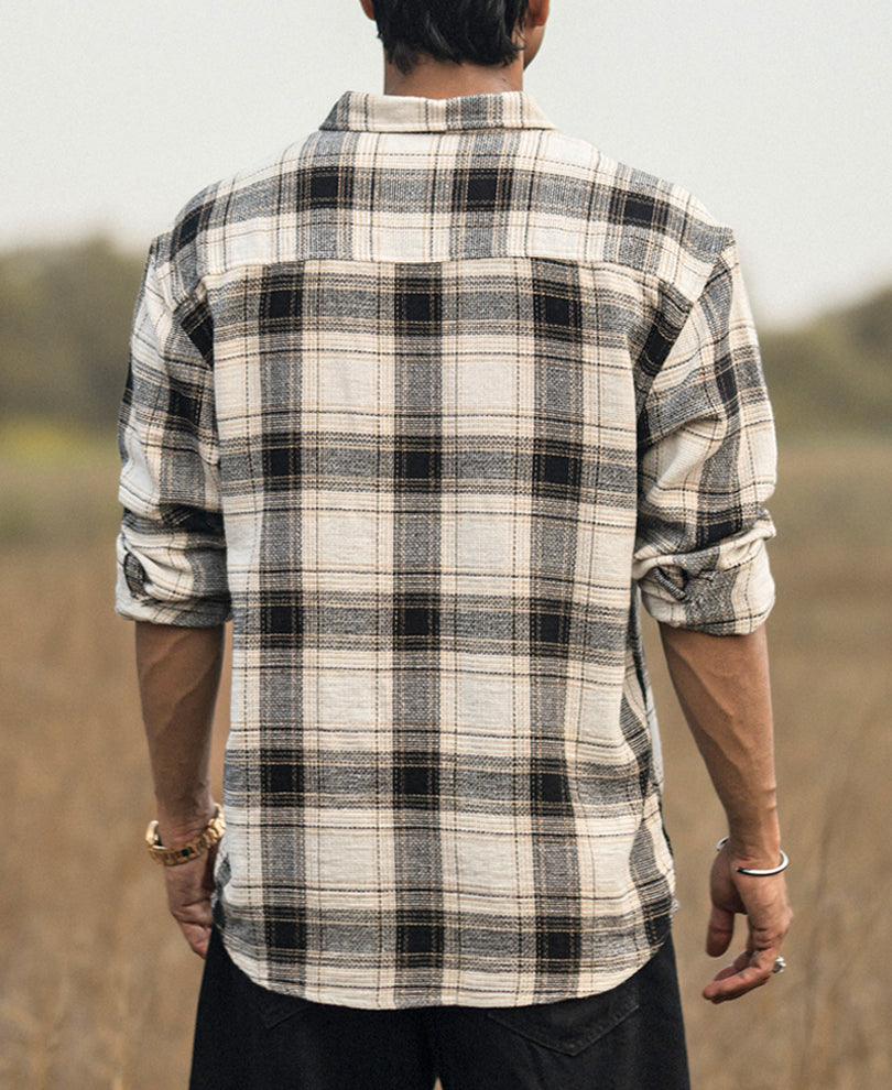 Cream Checked Structured Oversize Drop Shoulder Shirt.