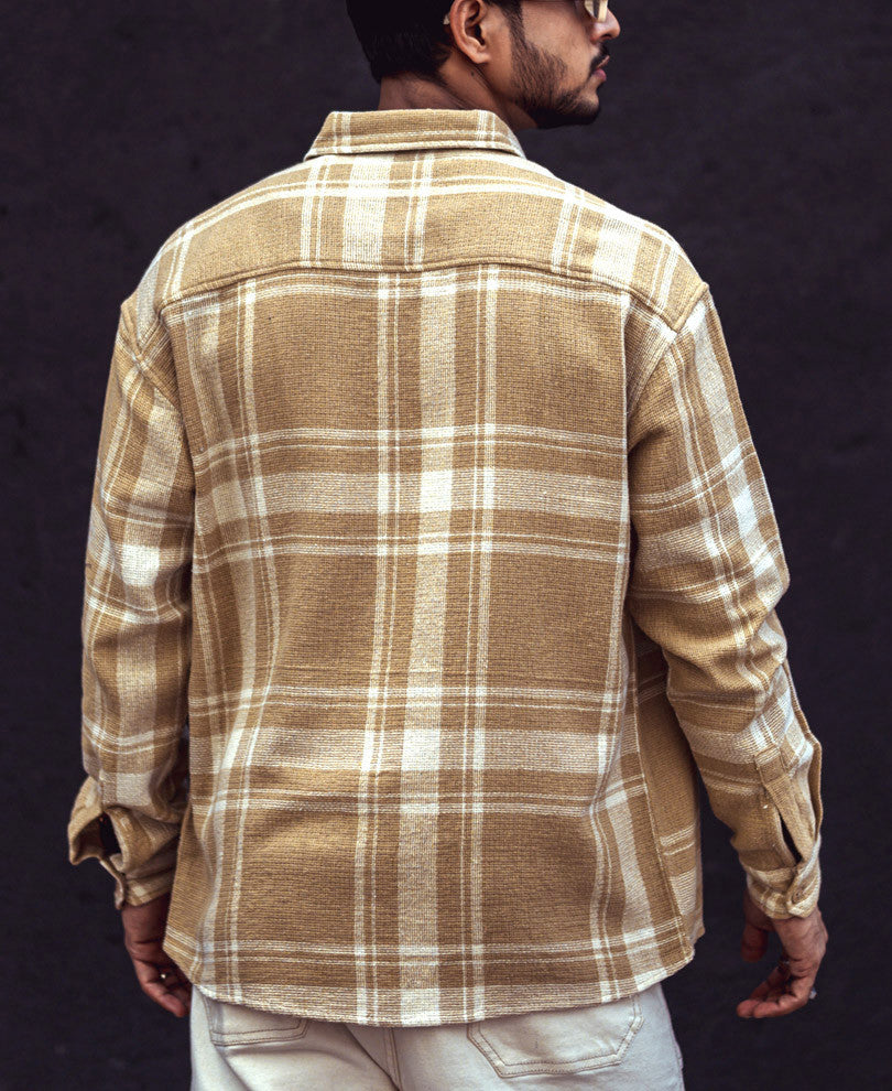 Beige and White Checks Oversize Drop Shoulder Shirt.