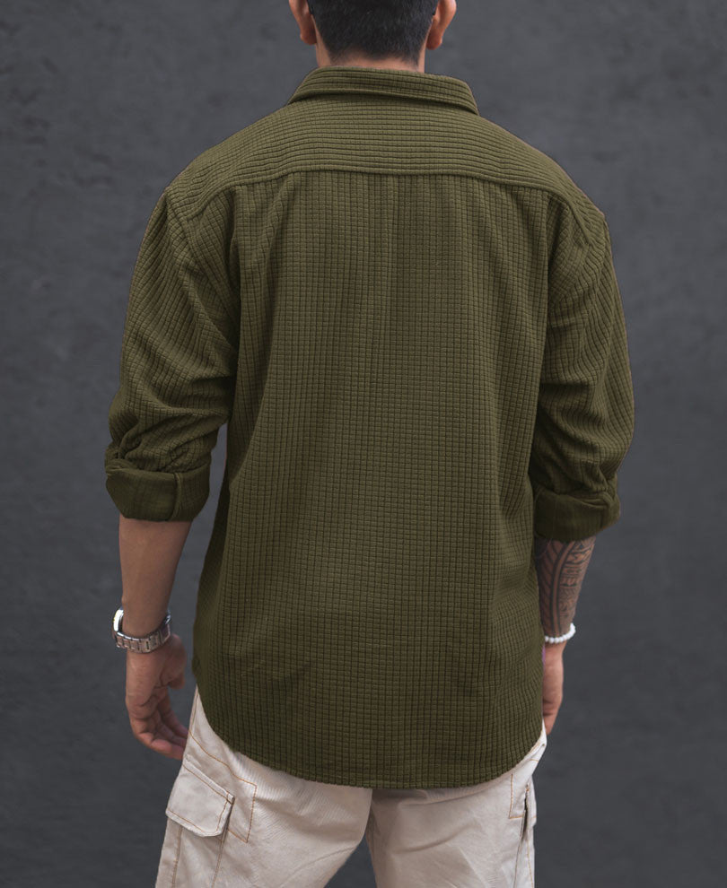 Olive Green Structured Knit Oversized Shirt.