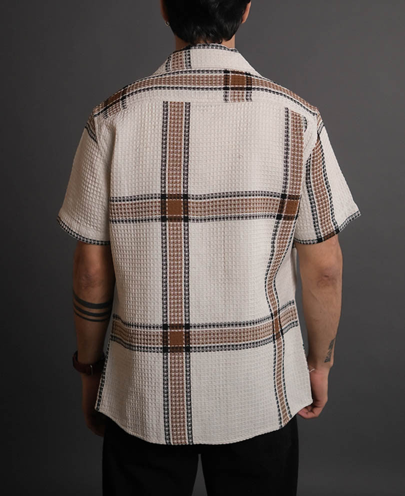 Off White and Brown Structured Checks Half Sleeves Shirt.